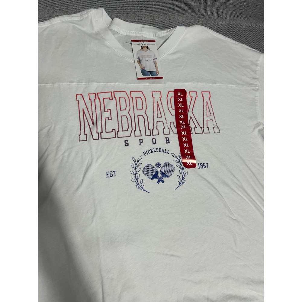 State of Mine Womens Nebraska Pickleball Graphic Tee XL White Sporty V-Neck NWT
